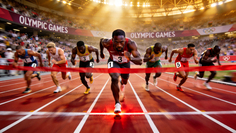 奥运会百米飞人大战决赛冲刺阶段，运动员奋力冲线