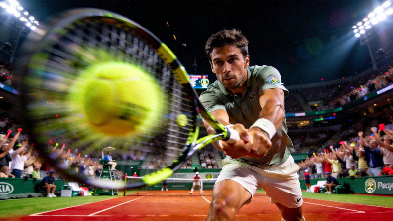 网球大满贯决赛现场，选手正手大力击球瞬间